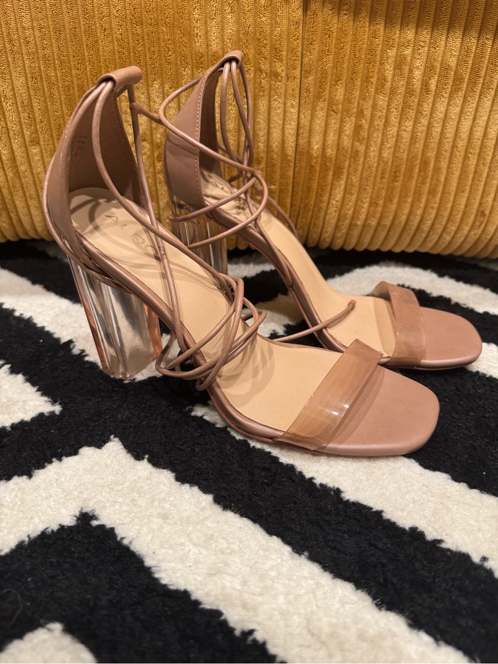 Aldo Blush Nude Lace-Up Clear Block Heels